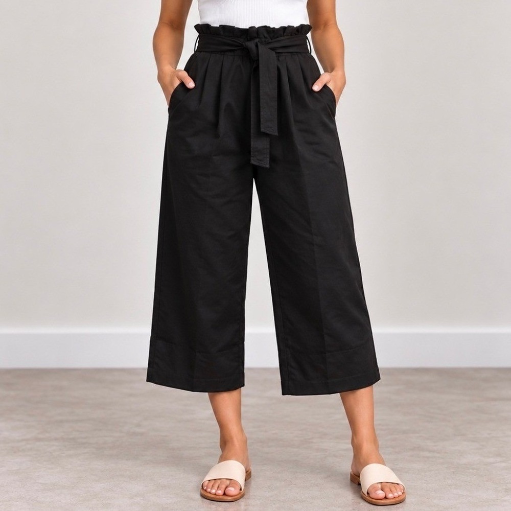 Madewell Paperbag Waist Pants Size L Black Good Cropped Wide Leg Tie Belt